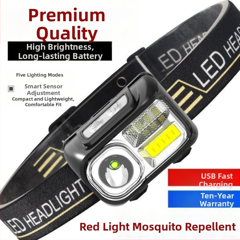 LED нощен риболовен сензорен фар, репелент против комари, монтиран на главата, ултраярък риболовен червен светлинен фар, акумулаторно осветление за открито