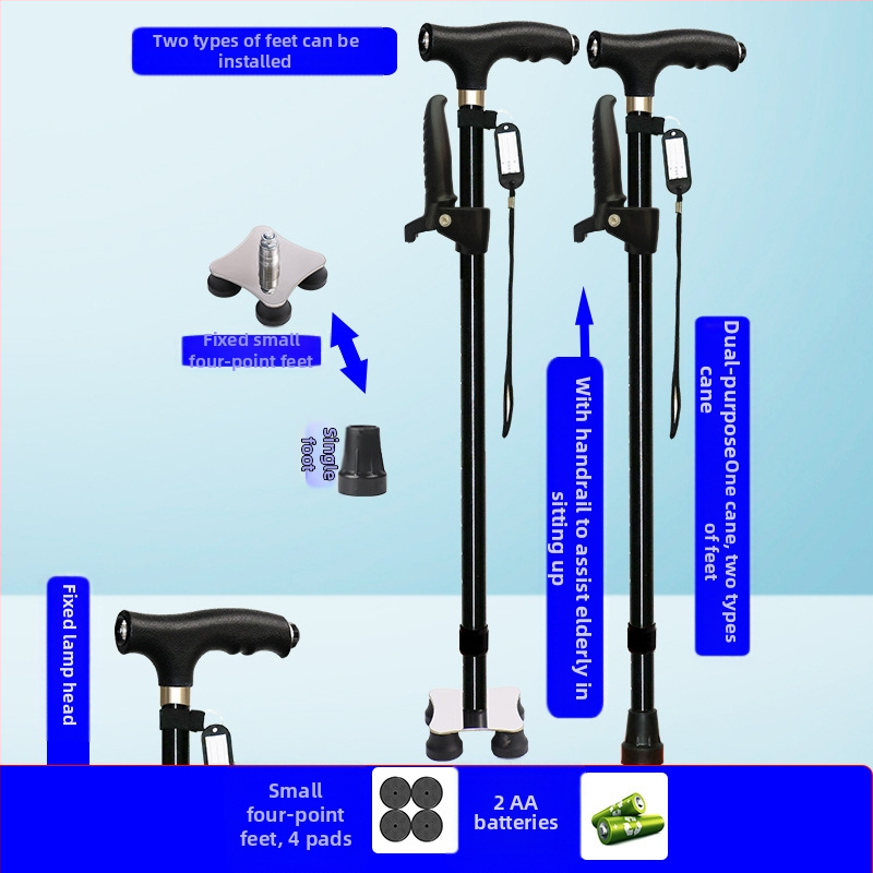 Csúszásgátló mankók időseknek, Négylábú mankók, Többfunkciós túrabotok lámpával, Határokon átnyúló nagykereskedelem, időseknek