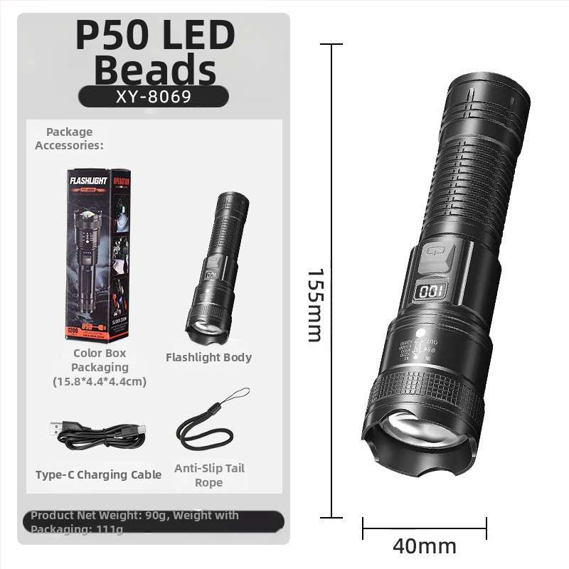 Tarpvalstybinis lauko patrulio prožektorius, didelio nuotolio, stiprus šviesos žibintuvėlis, nešiojamas įkrovimas, mažas traukiamas teleskopinis didmeninis prožektorius P50