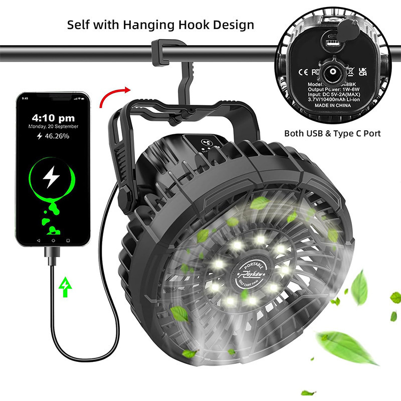 Nešiojamas automobilinis lauko įkrovimo ventiliatorius, kempingo apšvietimas, nuotolinio valdymo pultas, pakabinama palapinė su stipriu vėju, USB mažas ventiliatorius