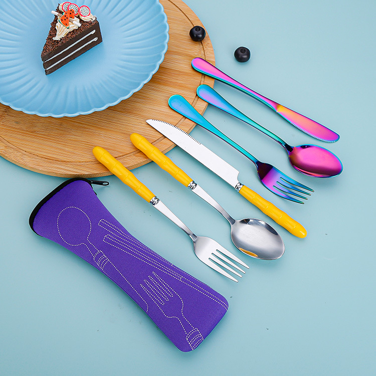 Rozsdamentes acél kanál nyugati étel kés villa kanál elegáns diákkanál villa háromrészes készlet nemzeti divat hordozható étkészlet öltöny