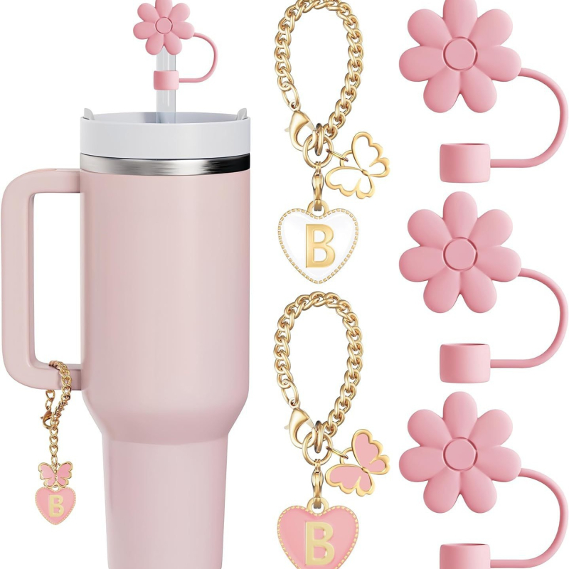 10 mm pāri malai rozā ziedu salmiņu piedurkne putekļu aizbāznis salmiņu vāciņā mīlestības vēstules kulons tauriņa kulons krūzīšu ķēdīte