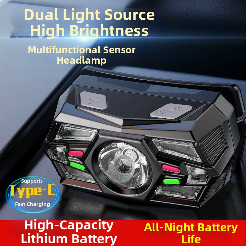 Трансграничен интелигентен индукционен малък фар, многофункционален, многоизточник на светлина, зареждащ се на открито, фенерче, монтирано на главата, нощна риболовна лампа на едро