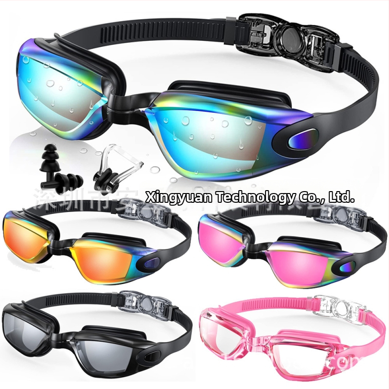 Tarpvalstybiniai sprogimai suaugusiems skirti plaukimo akiniai, plaukimo akiniai su nerasojančiais HD galvanizavimo lęšiais vyrams ir moterims su ausų kamštukais, nosies spaustukais, tiesioginis tiekimas iš gamyklos.