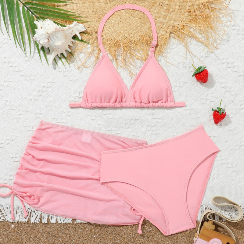 2025 Külkereskedelmi Új Gyermek Bikini Fürdőruha Aranyos Lány Hasított Háromrészes Szett Nagy Gyermek Fürdőruha Mellkasi Paddal