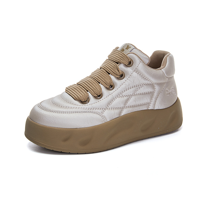 Λευκά παπούτσια από γνήσιο δέρμα για γυναίκες Άνοιξη 2025 Νέα γυναικεία αθλητικά παπούτσια με χοντρή σόλα και ψηλόμεσο σχέδιο, μοντέρνα, ευέλικτα παπούτσια Bread Shoes.