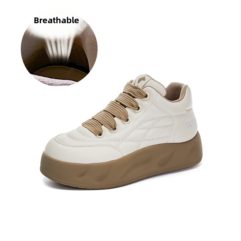 Λευκά παπούτσια από γνήσιο δέρμα για γυναίκες Άνοιξη 2025 Νέα γυναικεία αθλητικά παπούτσια με χοντρή σόλα και ψηλόμεσο σχέδιο, μοντέρνα, ευέλικτα παπούτσια Bread Shoes.