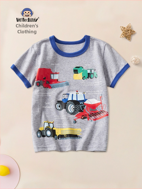 Gyerekruházat 2024 nyári ruházat fiúknak szürke rövid ujjú fiú pamut gyerek póló rajzfilmmintás nyári fél ujjú gyári