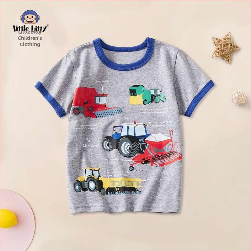 Gyerekruházat 2024 nyári ruházat fiúknak szürke rövid ujjú fiú pamut gyerek póló rajzfilmmintás nyári fél ujjú gyári