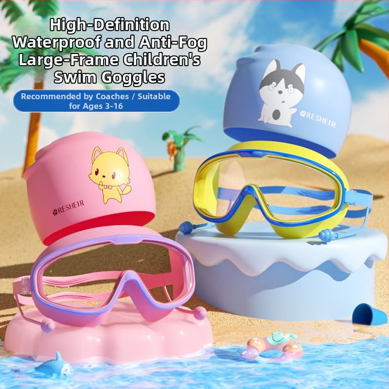 Vaikiški plaukimo akiniai HD vandeniui atsparūs, nerasojantys, didelio rėmelio plaukimo akiniai, profesionalūs nardymo akiniai, akių apsauga, madingi silikoniniai plaukimo kepuraitės reikmenys