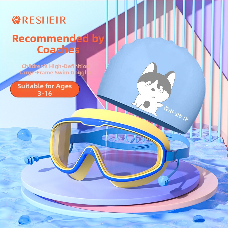 Детски очила за плуване HD водоустойчиви очила против замъгляване с голяма рамка за плуване, професионални очила за гмуркане, модна силиконова шапка за плуване