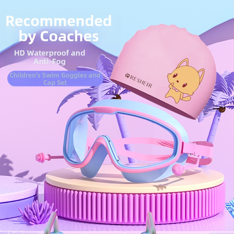 Детски очила за плуване HD водоустойчиви очила против замъгляване с голяма рамка за плуване, професионални очила за гмуркане, модна силиконова шапка за плуване