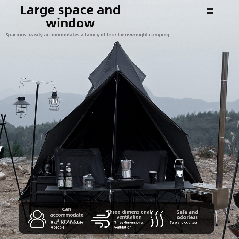 Výrobca Veľkoobchodný vonkajší dvojvrstvový vnútorný a vonkajší stan Spire Tower Type Camping Stan nepremokavý čierny bojovník Pyramid Stan pre viac osôb