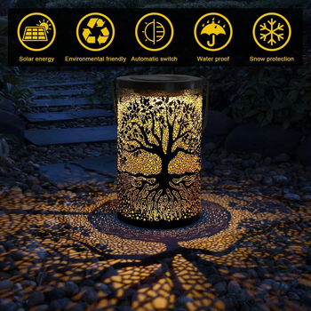 Διασυνοριακή ηλιακή LED εξωτερική αδιάβροχη σφυρήλατη σιδερένια λάμπα προβολής δώρου με μοτίβο δέντρου σε σχήμα κοίλου διακοσμητικού δώρου