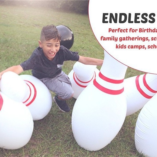 Gamintojas parduoda pripučiamą boulingo žaislų rinkinį, lauko vejos pripučiamą paplūdimio kamuoliuką, boulingo kamuolį