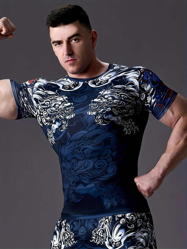 raktáron első új tiger férfi sport fitnesz 3D férfi rövid ujjú póló, magas szárú, rugalmas, feszes, gyári outlet