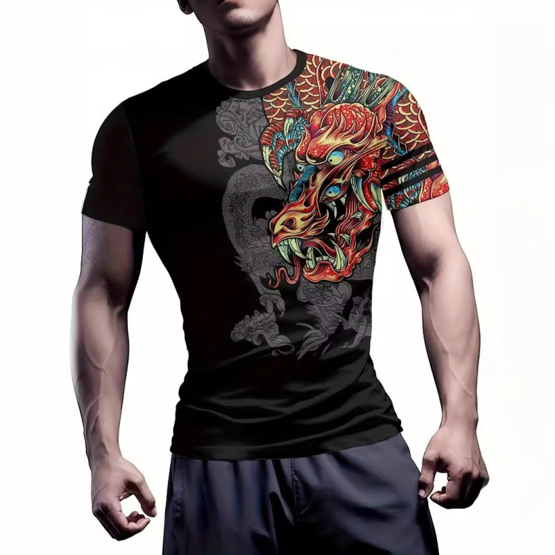 raktáron első új tiger férfi sport fitnesz 3D férfi rövid ujjú póló, magas szárú, rugalmas, feszes, gyári outlet