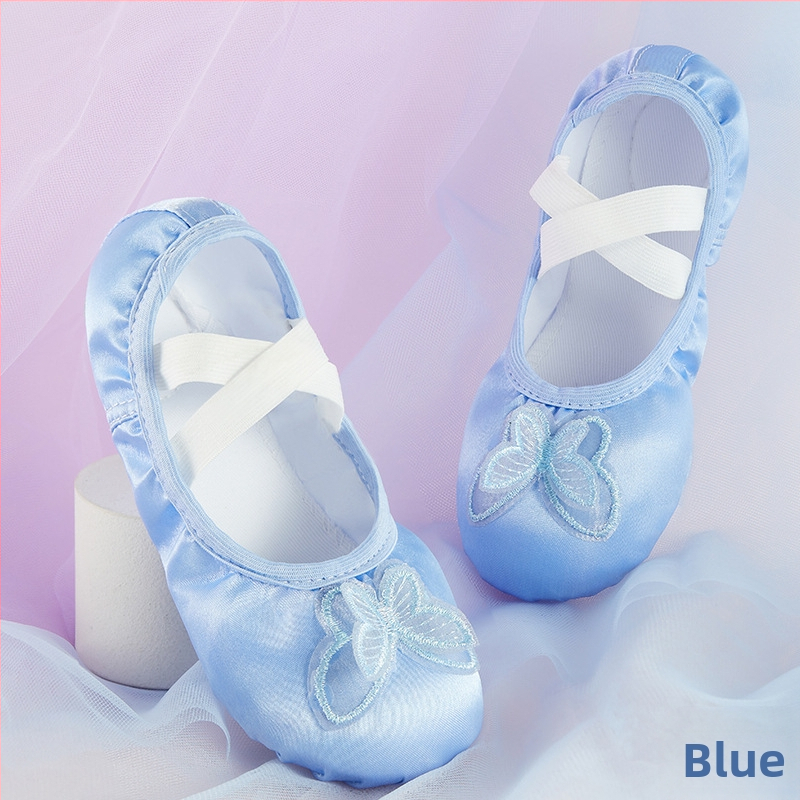 Нови детски балетни обувки за момичета, мека подметка, сатенени обувки за танци с бродирана пеперуда и бродерия