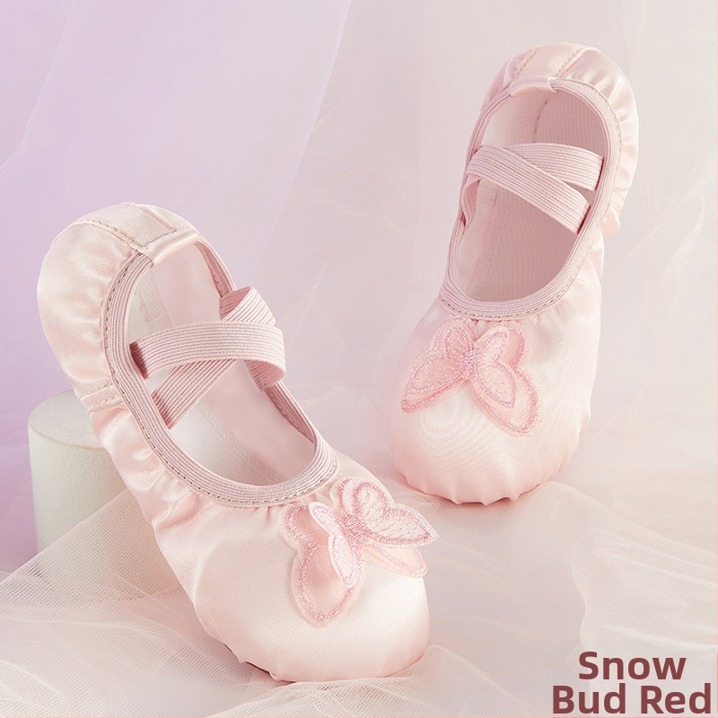 Нови детски балетни обувки за момичета, мека подметка, сатенени обувки за танци с бродирана пеперуда и бродерия