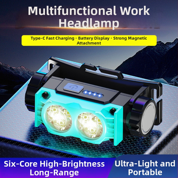 Daugiafunkcinis lauko kempingo įkrovimo priekinis žibintas, 6LED, paryškintas lengvas magnetinis galvos žibintas, statybvietės šalmo kasybos lempa