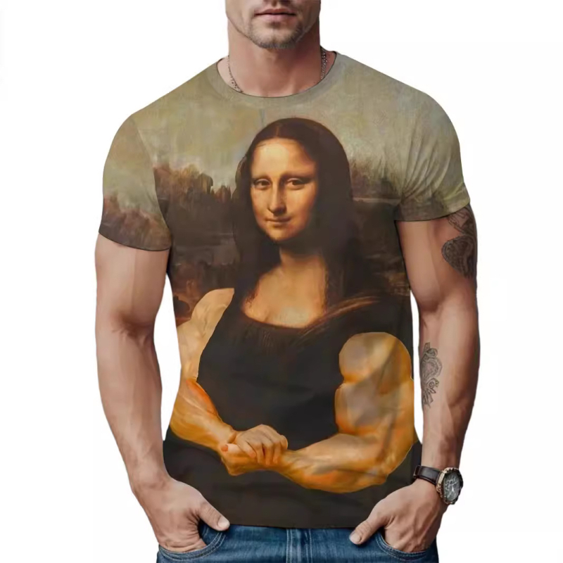 2024 Új Export Díszes Nyári Póló 3D Digitális Nyomtatással Laza Férfi Póló Rövid Ujjú Mona Lisa Mintával