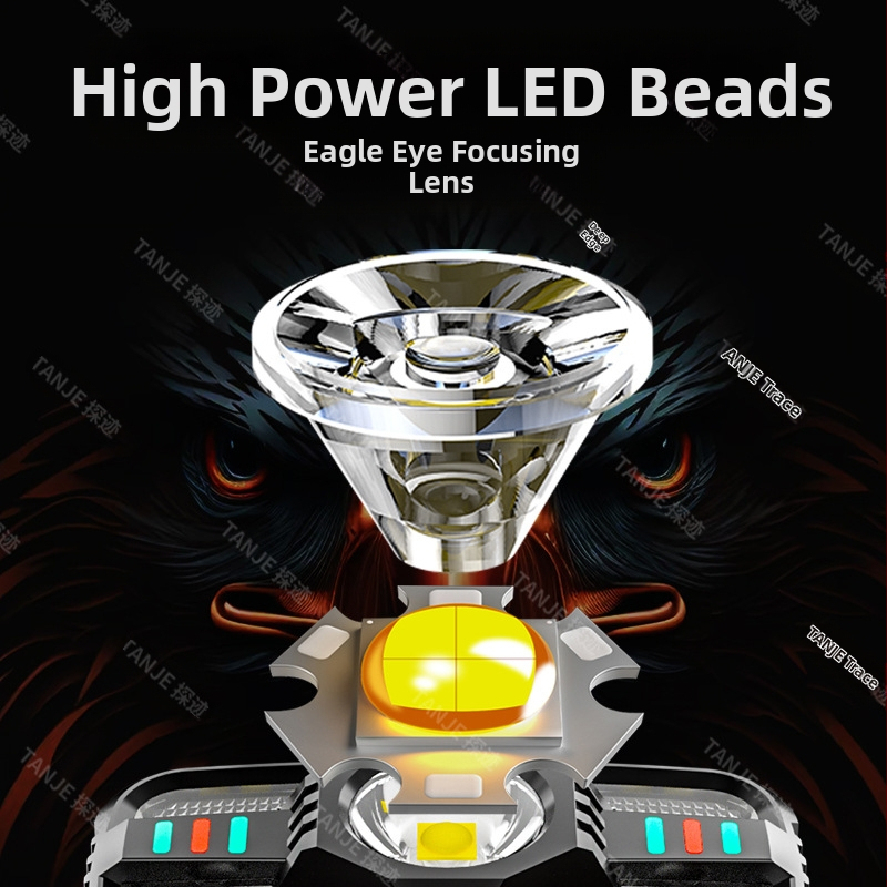 Трансграничен интелигентен индукционен малък фар, многофункционален, многоизточник на светлина, зареждащ се на открито, фенерче, монтирано на главата, нощна риболовна лампа на едро