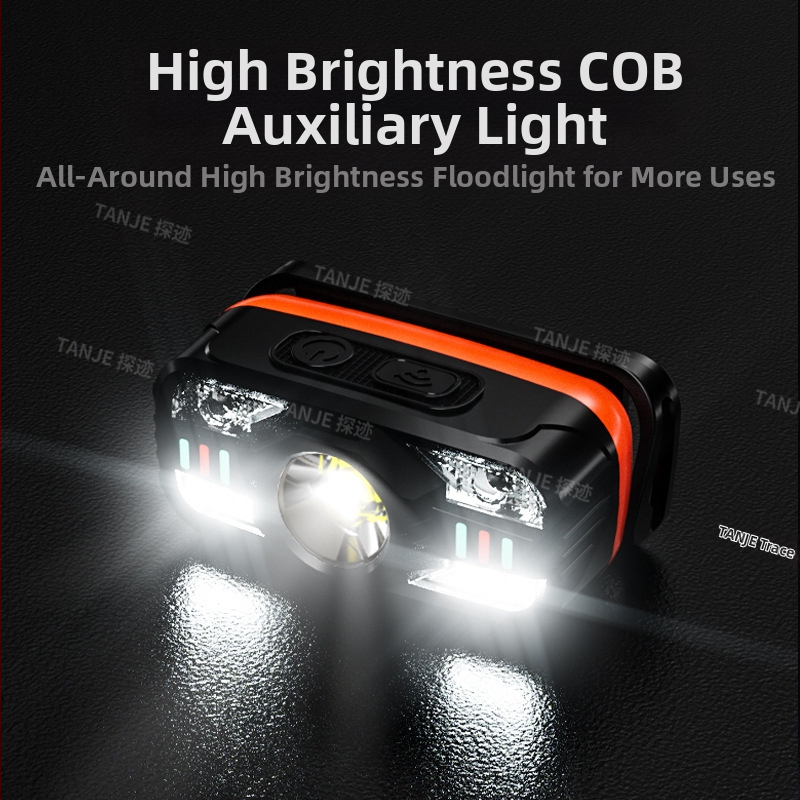 Трансграничен интелигентен индукционен малък фар, многофункционален, многоизточник на светлина, зареждащ се на открито, фенерче, монтирано на главата, нощна риболовна лампа на едро