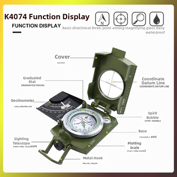 Πυξίδα από κράμα κατασκευαστή K4074, υψηλής ακρίβειας, πολυλειτουργική, φωτεινή, εξωτερική πυξίδα επιβίωσης με μετρητή κλίσης