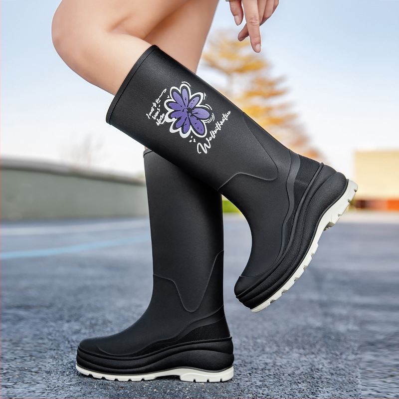 Дамски гумени ботуши на едро с дебело дъно, дълги тръби, неплъзгащи се, водоустойчиви, високи гумени ботуши с полар, устойчиви на износване, гумени обувки за кухня, работа на открито