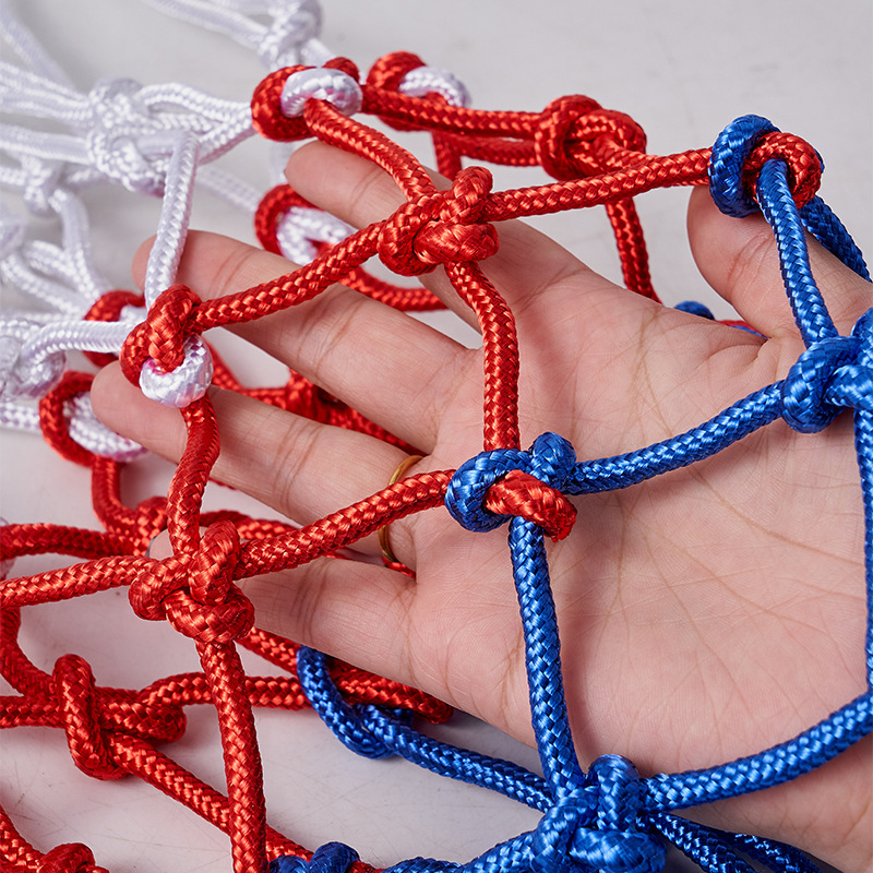 Krepšinio rėmo tinklelis iš poliesterio, paryškintas standartinis krepšinio rėmo tinklelis, tiekėjas, didmeninė prekyba, vaikų trijų spalvų krepšinio tinklas