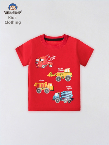 Európai és amerikai 2025-ös fiú nyári rövid ujjú, tiszta pamut mintás gyerek póló, piros felsők, fiúk nagykereskedelmi gyerekruházata, divatos gyerekruha