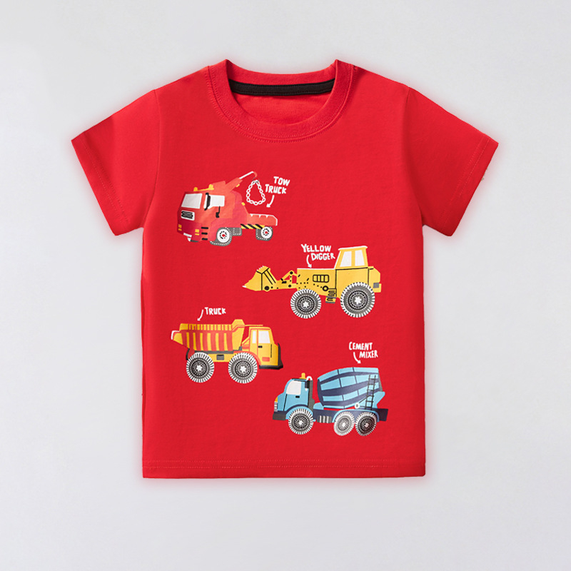 Európai és amerikai 2025-ös fiú nyári rövid ujjú, tiszta pamut mintás gyerek póló, piros felsők, fiúk nagykereskedelmi gyerekruházata, divatos gyerekruha