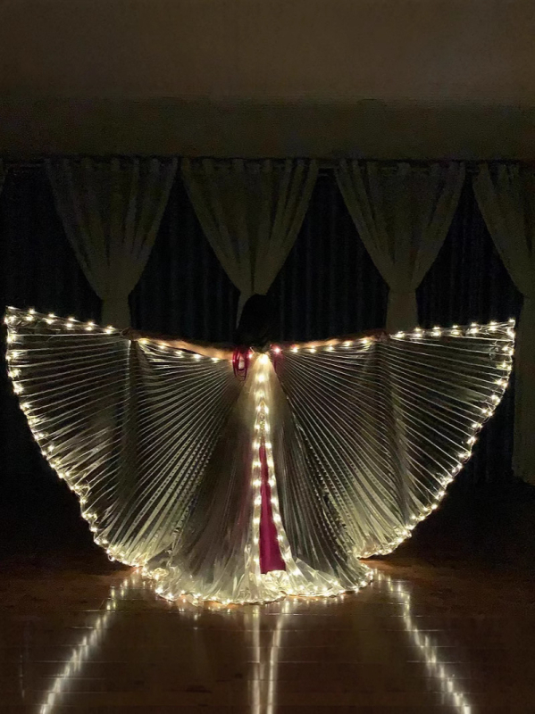 Új LED-es világító szárnyak kellékek ezüst sárga fényű osztott köpeny Halloween köpeny hastánc előadás ruházat