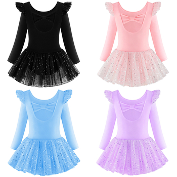 Детски танцови дрехи с дълъг ръкав, гимнастически дрехи, шиещи се пайети, мрежеста балетна пола за момичета, едноделни дрехи за тренировки, боди