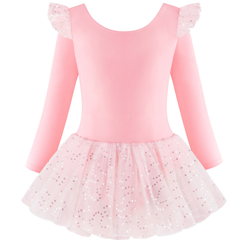 Детски танцови дрехи с дълъг ръкав, гимнастически дрехи, шиещи се пайети, мрежеста балетна пола за момичета, едноделни дрехи за тренировки, боди