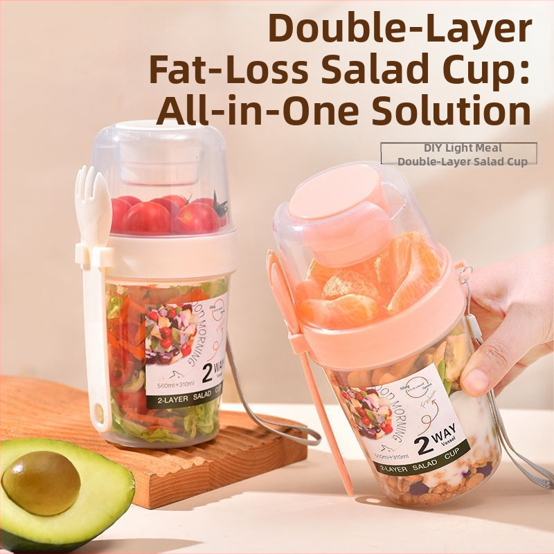 Internetikuulsuste salatitops kahvli ja kastmekarbiga, hommikusöögitops, köögivilja- ja puuviljasalatitops, kahekihiline kaasaskantav salendav rasva vähendav tass