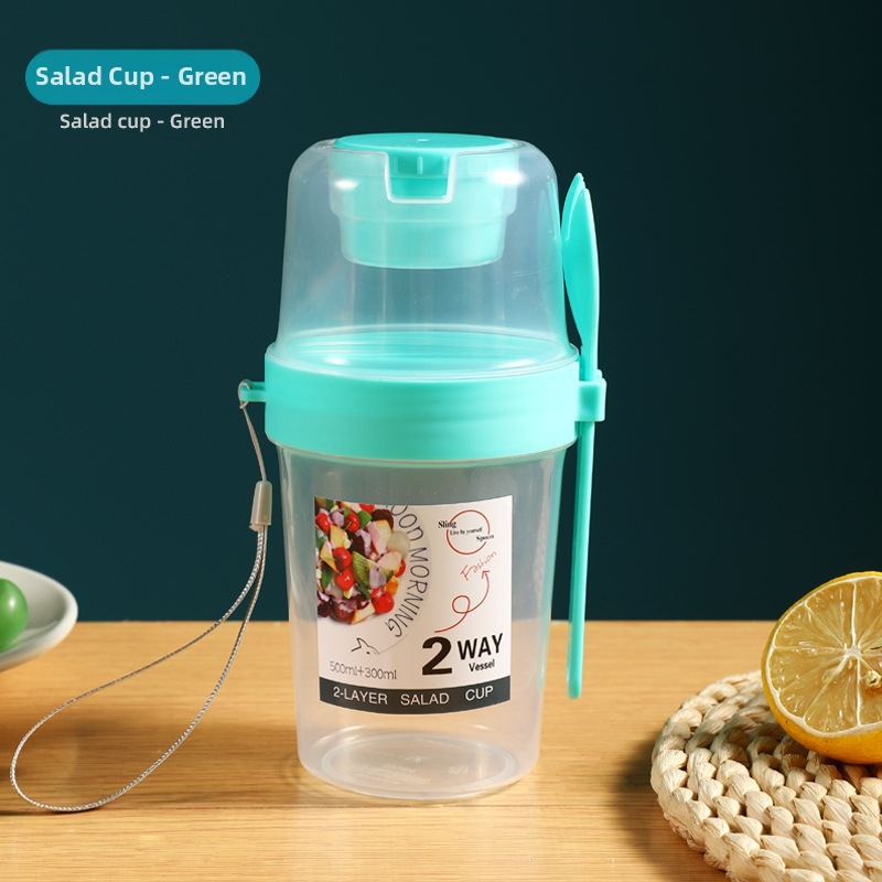 Internetikuulsuste salatitops kahvli ja kastmekarbiga, hommikusöögitops, köögivilja- ja puuviljasalatitops, kahekihiline kaasaskantav salendav rasva vähendav tass