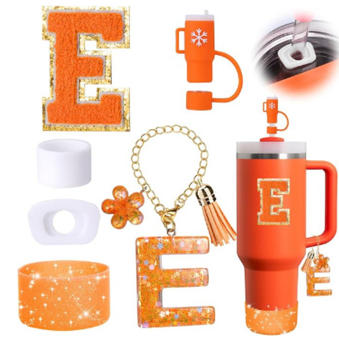 Jauns Stanley krūzīšu ķēdes krūzīšu turētājs ar 26 burtiem, sveķu fliteru kulonu, dvieli, izšūtu Pnompeņas angļu burtu uzlīmi