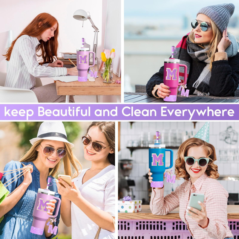 Jauns Stanley krūzīšu ķēdes krūzīšu turētājs ar 26 burtiem, sveķu fliteru kulonu, dvieli, izšūtu Pnompeņas angļu burtu uzlīmi