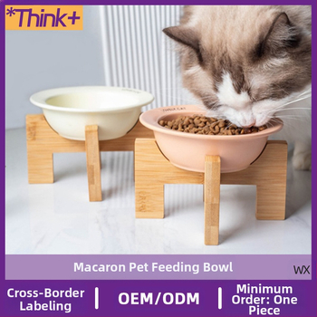 Kerámia kisállat tál kopogásgátló macaron macska kutya itató tál bambusz állvány macska tál kutya tál etető