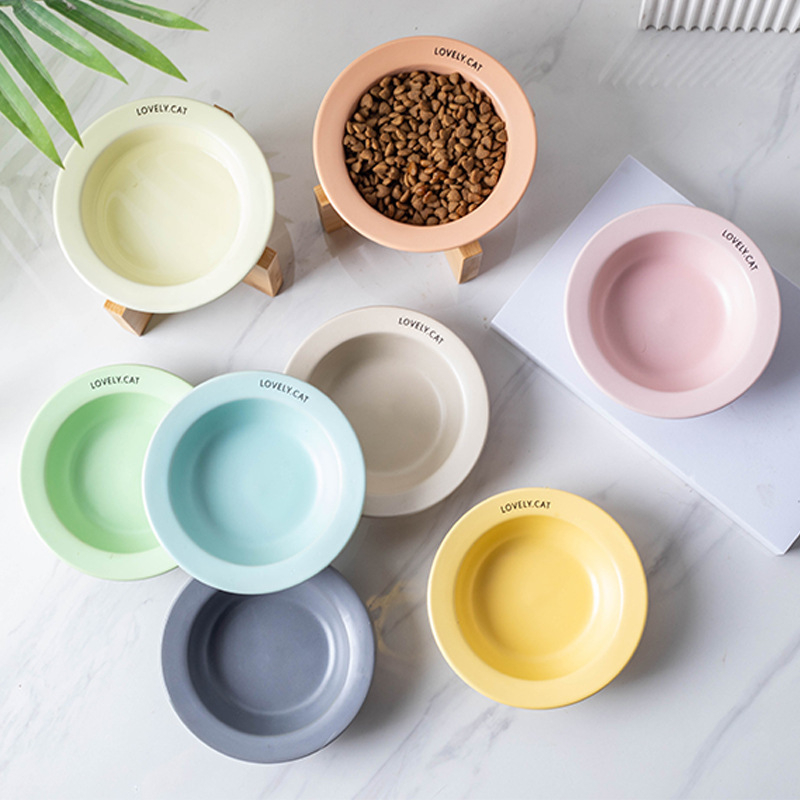 Kerámia kisállat tál kopogásgátló macaron macska kutya itató tál bambusz állvány macska tál kutya tál etető