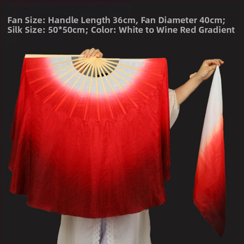 Originalus Vandziango šilko šokių vėduoklis, gradientinis, dvipusis, vyno raudonumo, didelis, ilgas, kiniško šilko vėduoklis, klasikinio šokio pasirodymas