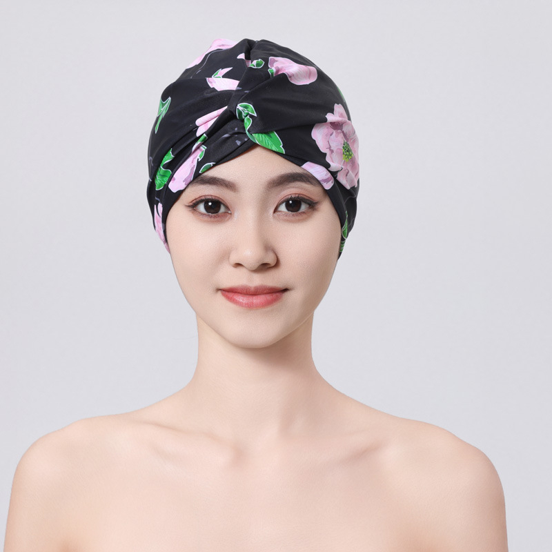 Vasarinė moteriška spausdinta plaukimo kepuraitė su dideliu tempimu, klostuota plaukimo kepuraitė suaugusiems, sportinė kepurė, greitai džiūstanti turbanas