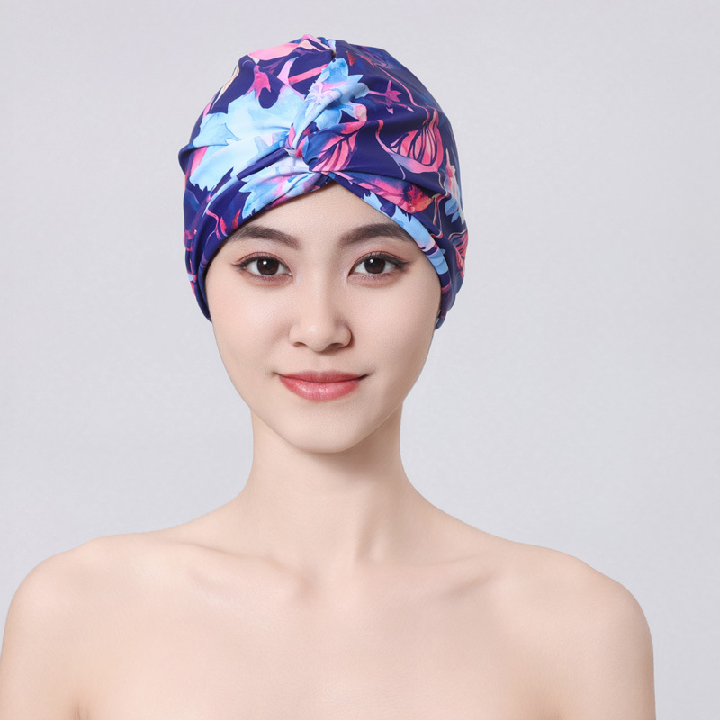 Vasarinė moteriška spausdinta plaukimo kepuraitė su dideliu tempimu, klostuota plaukimo kepuraitė suaugusiems, sportinė kepurė, greitai džiūstanti turbanas