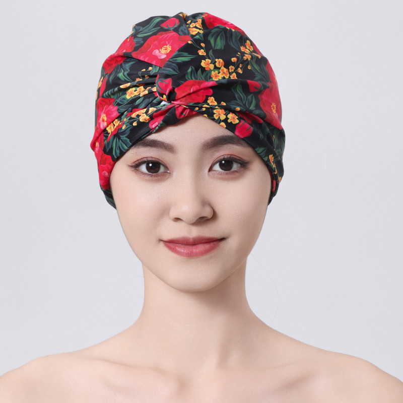 Vasarinė moteriška spausdinta plaukimo kepuraitė su dideliu tempimu, klostuota plaukimo kepuraitė suaugusiems, sportinė kepurė, greitai džiūstanti turbanas