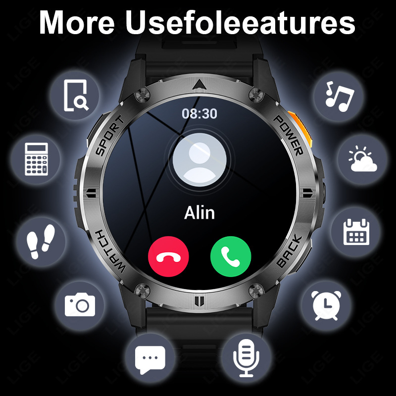 Határokon átnyúló új, multifunkcionális, nagyméretű képernyős, korongos okosóra zseblámpával, Bluetooth-os kültéri sportkarkötő férfiaknak