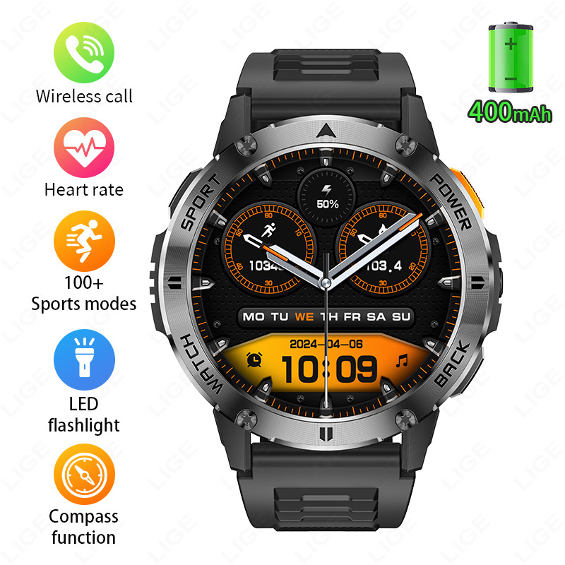 Határokon átnyúló új, multifunkcionális, nagyméretű képernyős, korongos okosóra zseblámpával, Bluetooth-os kültéri sportkarkötő férfiaknak
