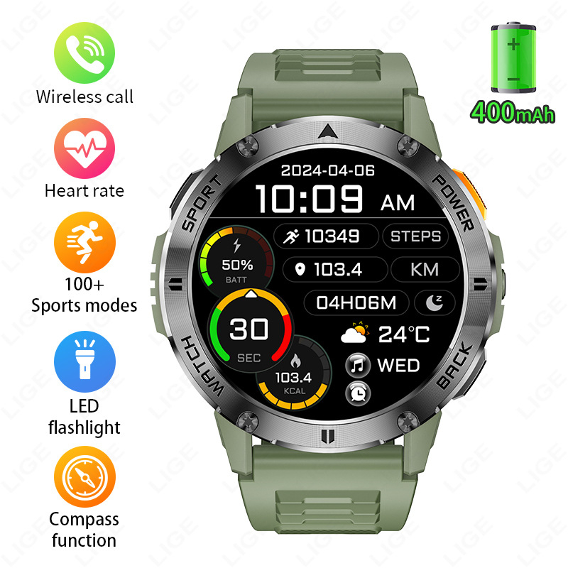 Határokon átnyúló új, multifunkcionális, nagyméretű képernyős, korongos okosóra zseblámpával, Bluetooth-os kültéri sportkarkötő férfiaknak