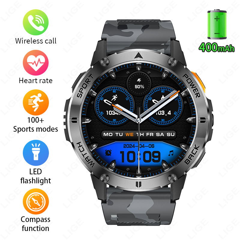 Határokon átnyúló új, multifunkcionális, nagyméretű képernyős, korongos okosóra zseblámpával, Bluetooth-os kültéri sportkarkötő férfiaknak