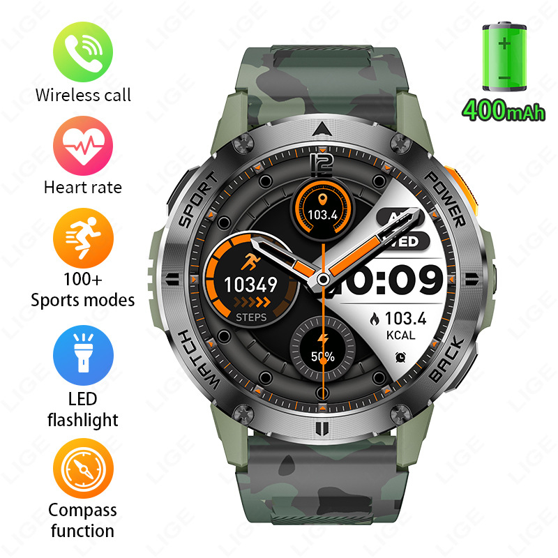 Határokon átnyúló új, multifunkcionális, nagyméretű képernyős, korongos okosóra zseblámpával, Bluetooth-os kültéri sportkarkötő férfiaknak
